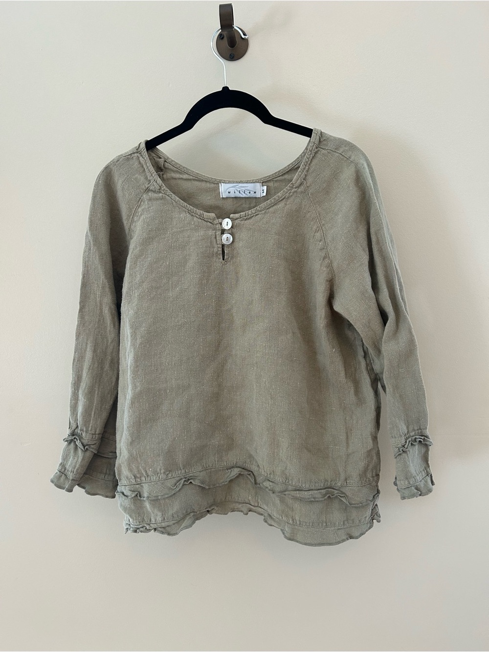 Willow Olive Green Flax Linen Button-Neck Blouse